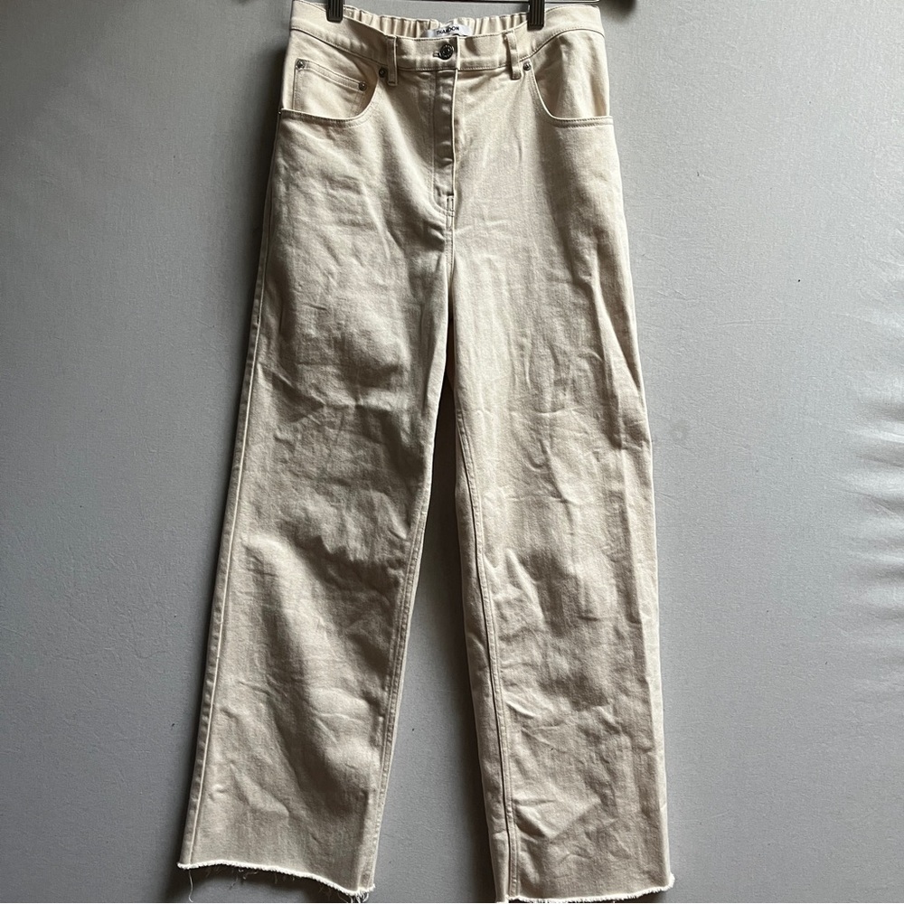 Thakoon Wide-Leg High-Waisted Frayed Hem Cream Denim Pants Size 8